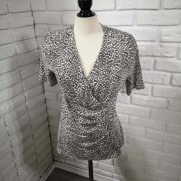 Talbots Petites Ladies Size Large Black White & Tan Animal Print Top - Picture 1 of 9